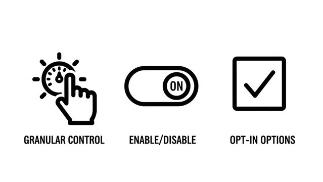User interface icons: granular control enable disable toggle opt-in checkbox options with user experience checkbox interface collection configuration adjustment selection agreement permission