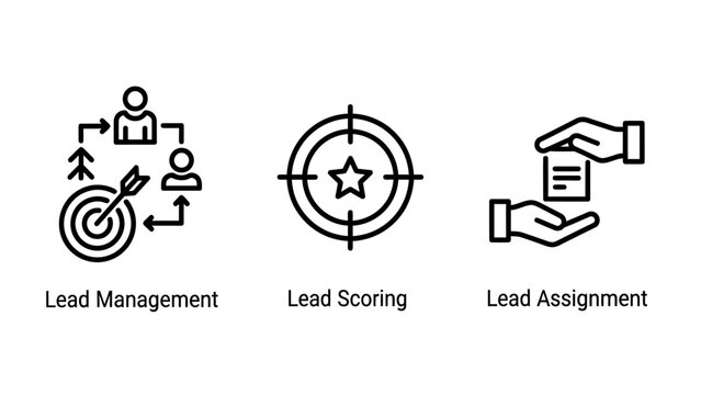 Sales and marketing icons: lead management lead scoring target lead assignment hands management assignment marketing customer relationship business strategy workflow prospect campaign