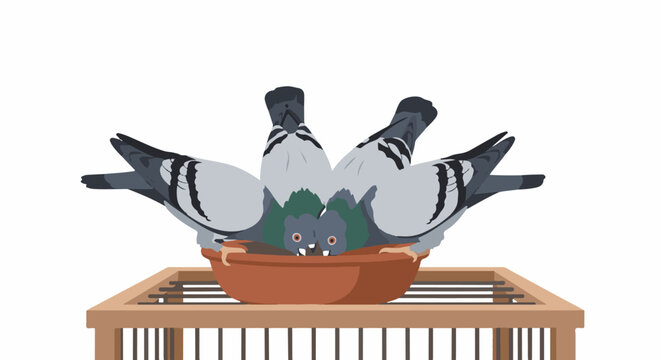 Four pigeons gathered closely to eat from a rustic brown bowl on a wooden feeder