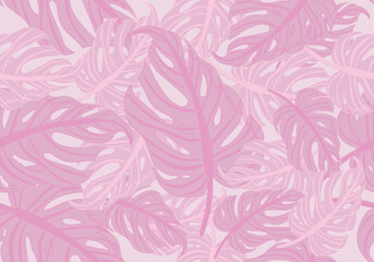 Tropical seamless pattern with pink leaves and exotic Hawaiian botanical foliage. Stylish decorative design suitable for wallpaper, fabric, textile, packaging, and summer home decor projects.  © Kidayut