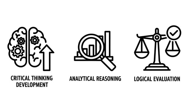 Critical thinking development analytical reasoning logical evaluation line art icons with bar chart magnifying glass balance scales problem solving decision making thought process cognitive skil