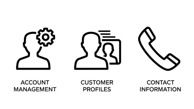 Customer service icons: account management customer profiles contact information with information desk customer relations database management customer support user management relationship