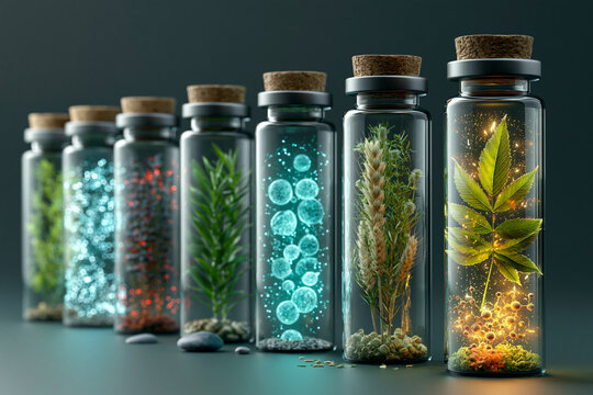 Glass vials with herbs cells and soft cyan glow showcasing holistic biotech medicine and integrative healing science