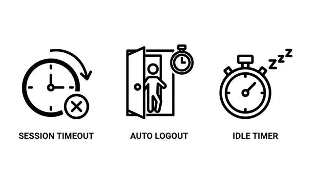 User session management icons: session timeout automatic logout idle timer with auto logout account security system security settings web security application security digital security
