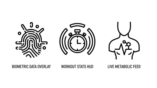 Three distinct icons representing DNA overlay a stopwatch timer live metabolic feed illustrating biometric data health monitoring real-time tracking concepts for technology and science with line art