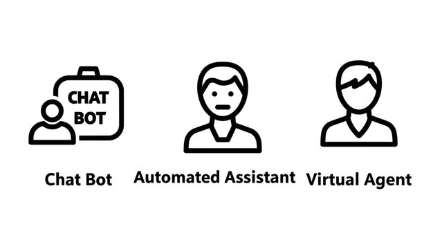 Set of icons representing a chat bot automated assistant virtual agent illustrating artificial intelligence in customer service and digital support roles with line art machine learning deep learning