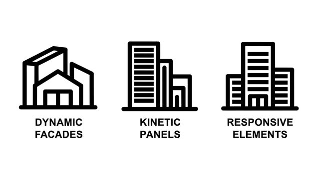 Modern building architecture icons featuring dynamic facades kinetic panels responsive elements a conceptual vector illustration real estate line art future proof building architecture structure