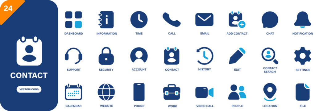 Contact icon. Containing call, chat, email, support, contact. Solid vector icon set.