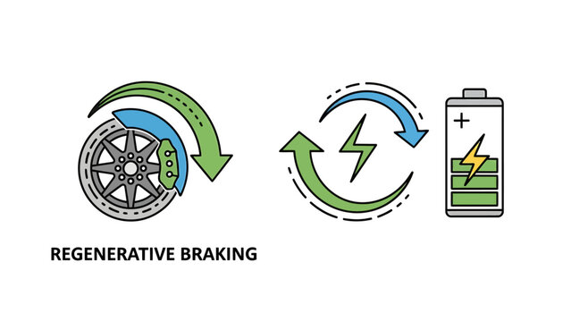 Educational diagram of regenerative braking system showing energy recovery from wheel rotation to battery charging with regenerative recovery electric charging electricity sustainable technology