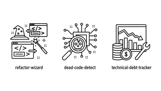 Software development icon set for code refactoring dead code detection technical debt performance tracking software development programming refactor debugging maintenance optimization