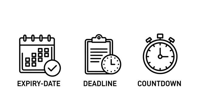 Business productivity icons for expiry date calendar deadline clipboard schedule countdown timer clock for time management concepts calendar deadline countdown management schedule business