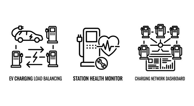 Electric vehicle charging infrastructure management graphics for ev load balancing charging station health monitoring and network dashboard analytics with electric charging infrastructure dashboard