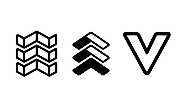 Abstract chevron icons set featuring a folded zigzag line triple stacked upward arrows a single letter v or downward pointer for brand logo design abstract branding downward direction