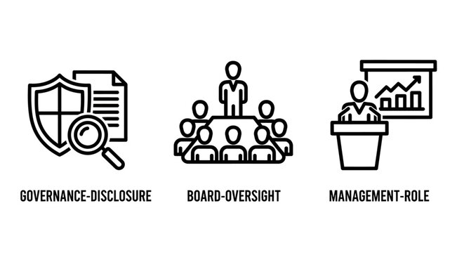Corporate governance and leadership icons illustrating governance disclosure compliance board oversight meeting management role presentation for business strategy governance disclosure