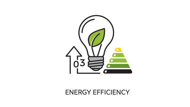 Energy efficiency concept icon featuring a lightbulb with a green leaf inside alongside an upward arrow for co2 reduction and a color coded power rating scale efficiency lightbulb environment