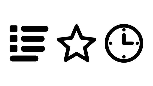 Collection of minimal user interface icons including list view favorite star and time management clock symbols with favorite schedule interface software minimalist isolated collection priority