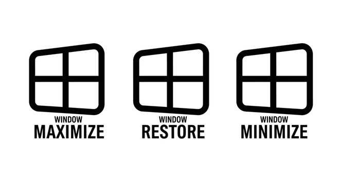 Computer software window management control icons for maximizing restoring minimizing application screens for operating system user interface and desktop navigation maximize minimize software