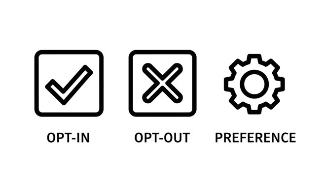 User subscription and privacy preference icon set displaying opt-in checkbox opt-out cancel mark account configuration gear settings opt in preference settings checkbox decision newsletter