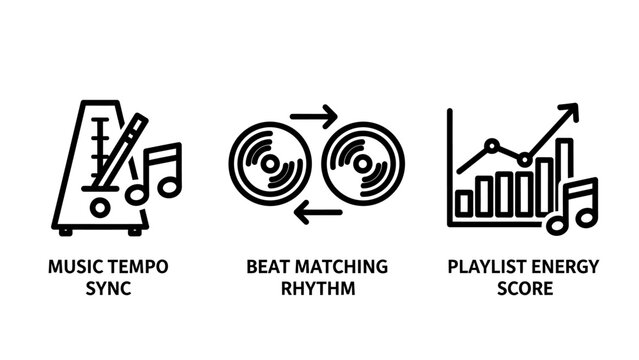 Music production and dj software icon set including tempo sync beat matching rhythm playlist energy score analysis tools thin line production software metronome matching playlist analysis