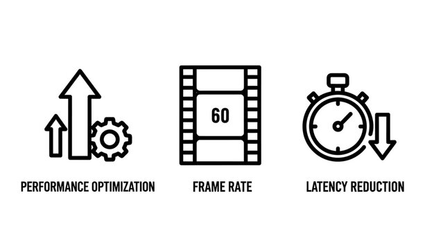 Technical performance optimization icons for frame rate and latency reduction with performance optimization reduction technology software technical hardware processing efficiency increase