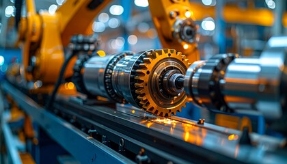 Obraz premium Automated manufacturing process with robotic arm assembling metal parts.