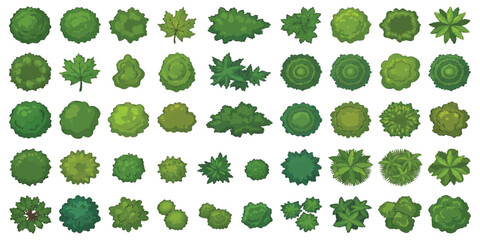 Set of various green trees and bushes seen from above for architectural landscape design plans © GraphixEra