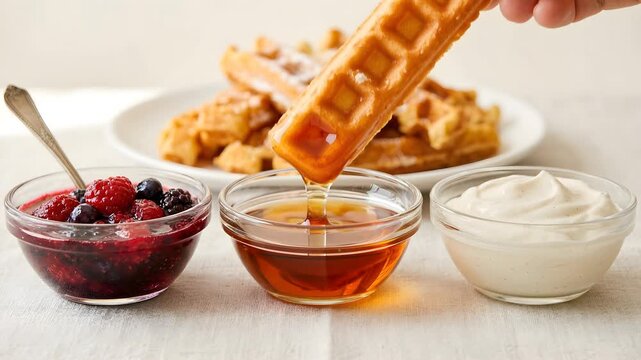 Golden Waffle Stick Dipping Into Maple Syrup, Berry Compote and Whipped Cream, Macro Studio Food Video