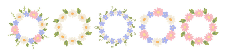 Fototapeta premium Floral wreaths, round frames and borders set with hand drawn flowers, leaves, and blossoms. Decorative botanical elements collection for card, poster, invitation, packaging