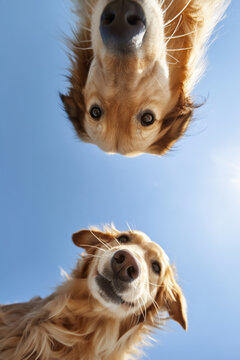 Two dogs with distinct fur patterns and colors looking up at the camera against a clear blue sky, showcasing their curious expressions and playful demeanor