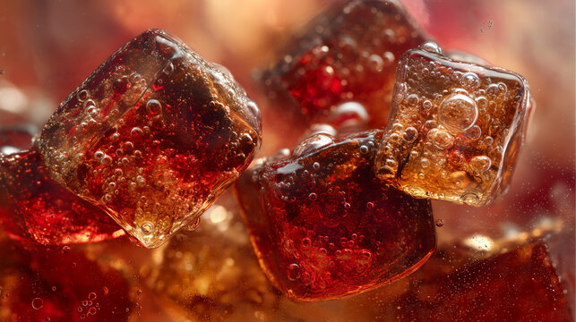 Close-up of dark brown sugar cubes dissolving in a fizzy beverage with bubbles.