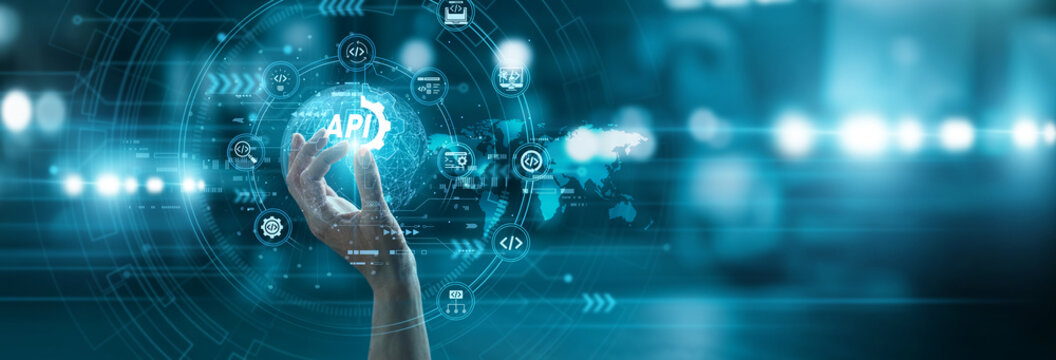 Coder hand hold integrated API icon linking global software applications data exchange protocols seamless connectivity. High performance backend architecture integration.