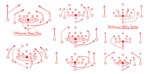 American football playbook diagrams showing offensive pass plays and defensive blitz setups with tactical lines and player positions © GraphixEra