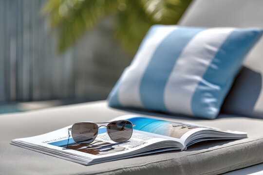 Sunglasses magazine outdoor summer relaxation striped pillow sunlight vacation leisure poolside create tranquil scene