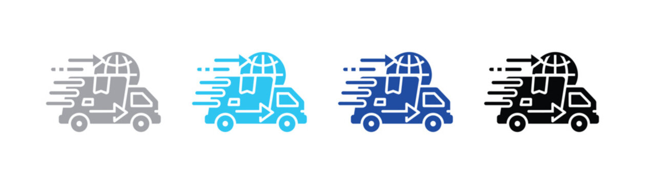 Fast delivery truck icon with global transport and speed lines delivery logistics shipping transport illustration business commerce movement outgoing international interface