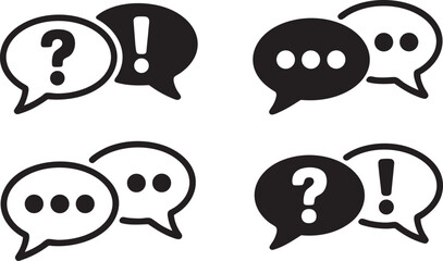 Fototapeta premium Set of black and white communication speech bubble icons featuring question marks exclamation points and ellipsis symbols for modern digital interface and web design projects