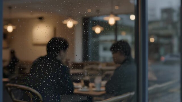 Raindrops on caf&eacute; window in cozy urban atmosphere