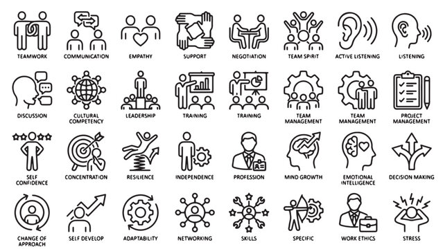 Soft Skills and Core Competencies Line Icon Set with Business Leadership Teamwork Communication and Professional Development Symbols Vector Outlines for Corporate Training Material