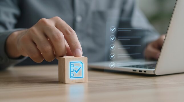 Tangan meletakkan balok kayu ikon daftar centang di meja dekat laptop, konsep manajemen tugas