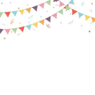 Fond festif avec guirlandes de fanions color&eacute;s et confettis, id&eacute;al pour invitation, anniversaire, f&ecirc;te d&rsquo;enfant, affiche ou support &eacute;v&eacute;nementiel