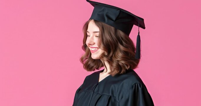 beautiful student in academic gown looking at camera and smiling Isolated On pink background