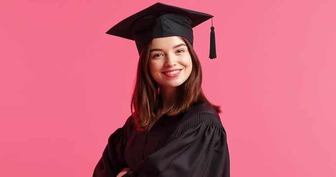 beautiful student in academic gown looking at camera and smiling Isolated On pink background