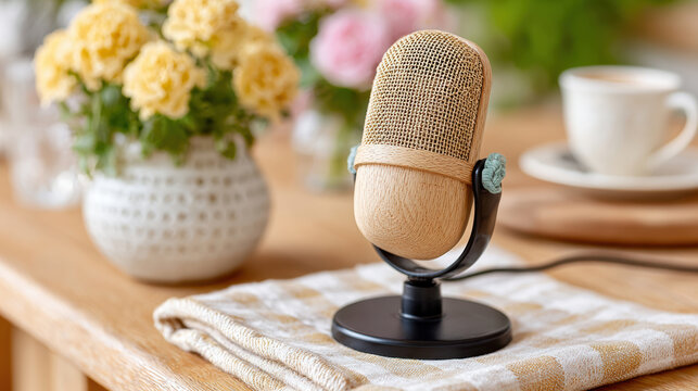 Compact desktop microphone on adjustable arm clamped to table with fabric windscreen for podcasting and streaming banner background