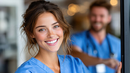 Fototapeta premium Smiling nurse portrait with colleague assisting a patient into a vehicle for staff profile or promotional banner design