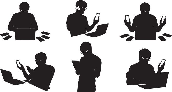 Black Solid Remote Software Tester Smartphone Laptop Silhouettes Set of Six on White Background
