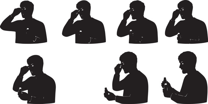 Black Solid Remote Worker Applying Eye Drop Screen Silhouettes Set of Six on White Background