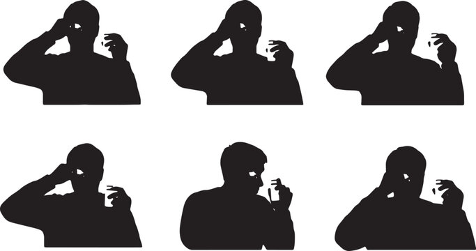 Black Solid Remote Worker Applying Eye Drop Screen Silhouettes Set of Six on White Background