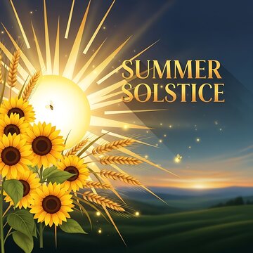 Summer solstice sun with sunflowers and wheat
