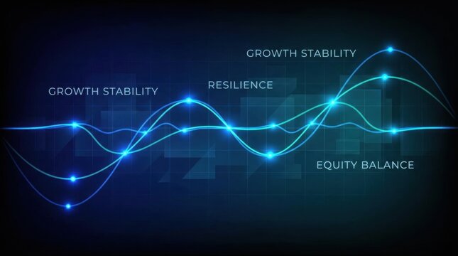 A digital graph illustrating concepts like growth stability, resilience, and equity balance, represented through dynamic waveforms and blue light effects.