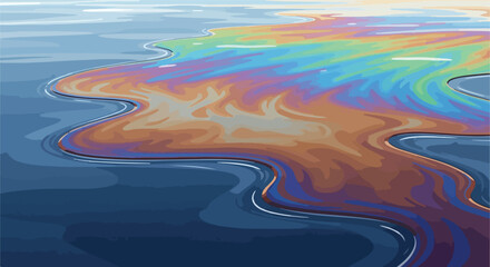 Obraz premium Abstract illustration of an oil slick with iridescent rainbow colors swirling on dark water