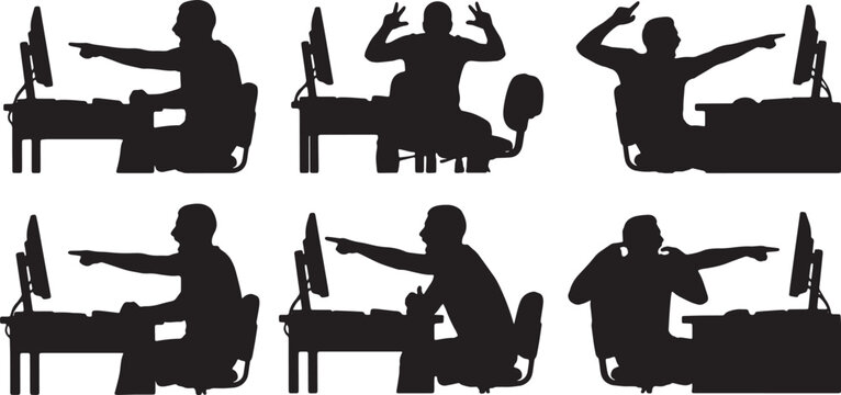 Black Solid Reaction Video Dual Monitor Silhouettes Set of Six on White Background